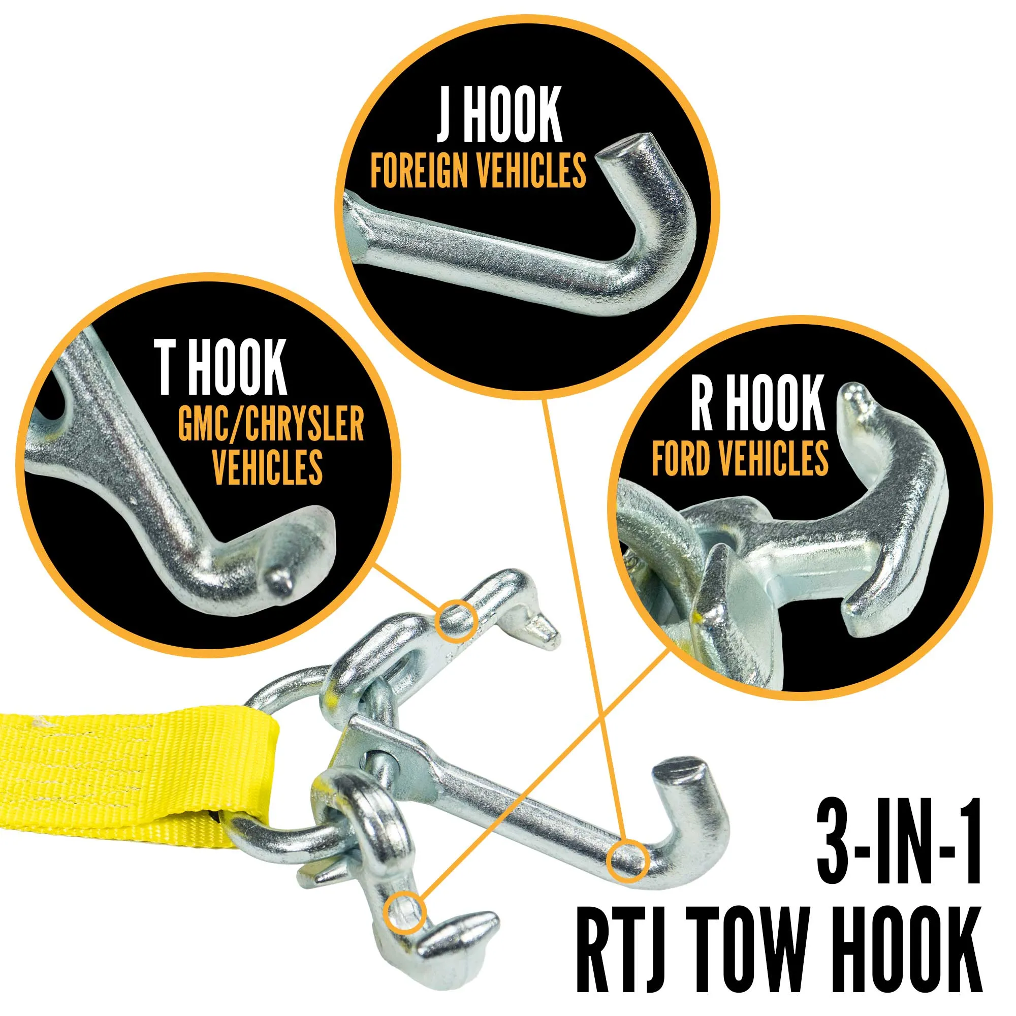 2" x 20' Replacement Tow Strap with RTJ Cluster Hooks | Yellow