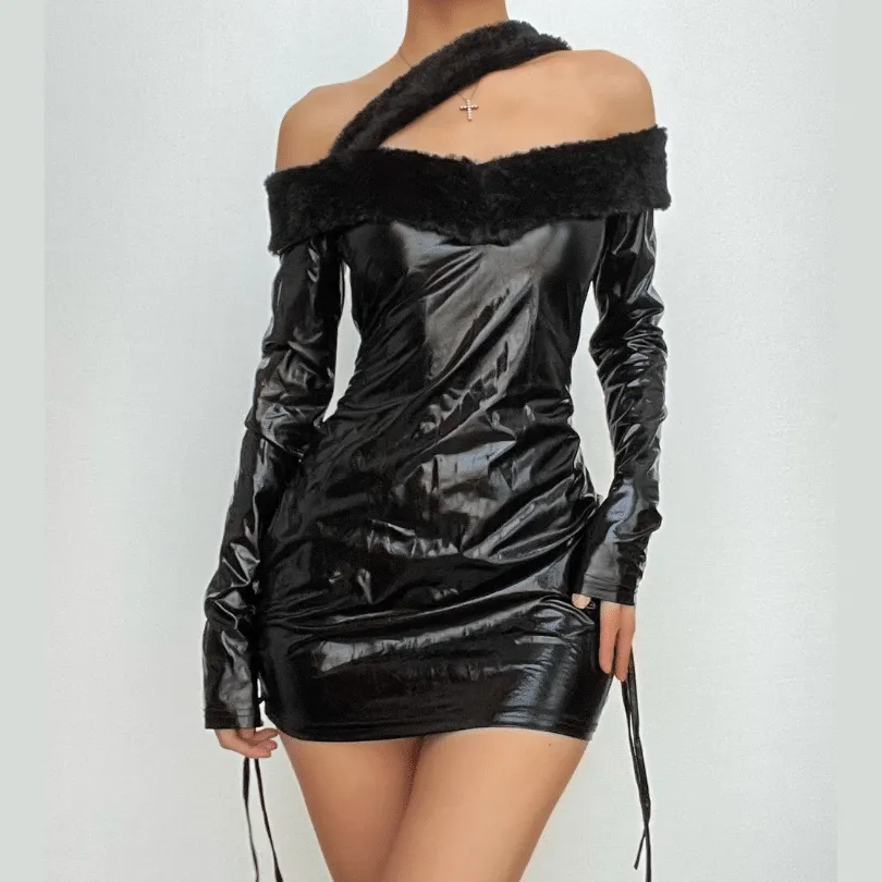 BerriesJam - Sleeve Off Shoulder Pu Leather Furry Solid Mini Dress