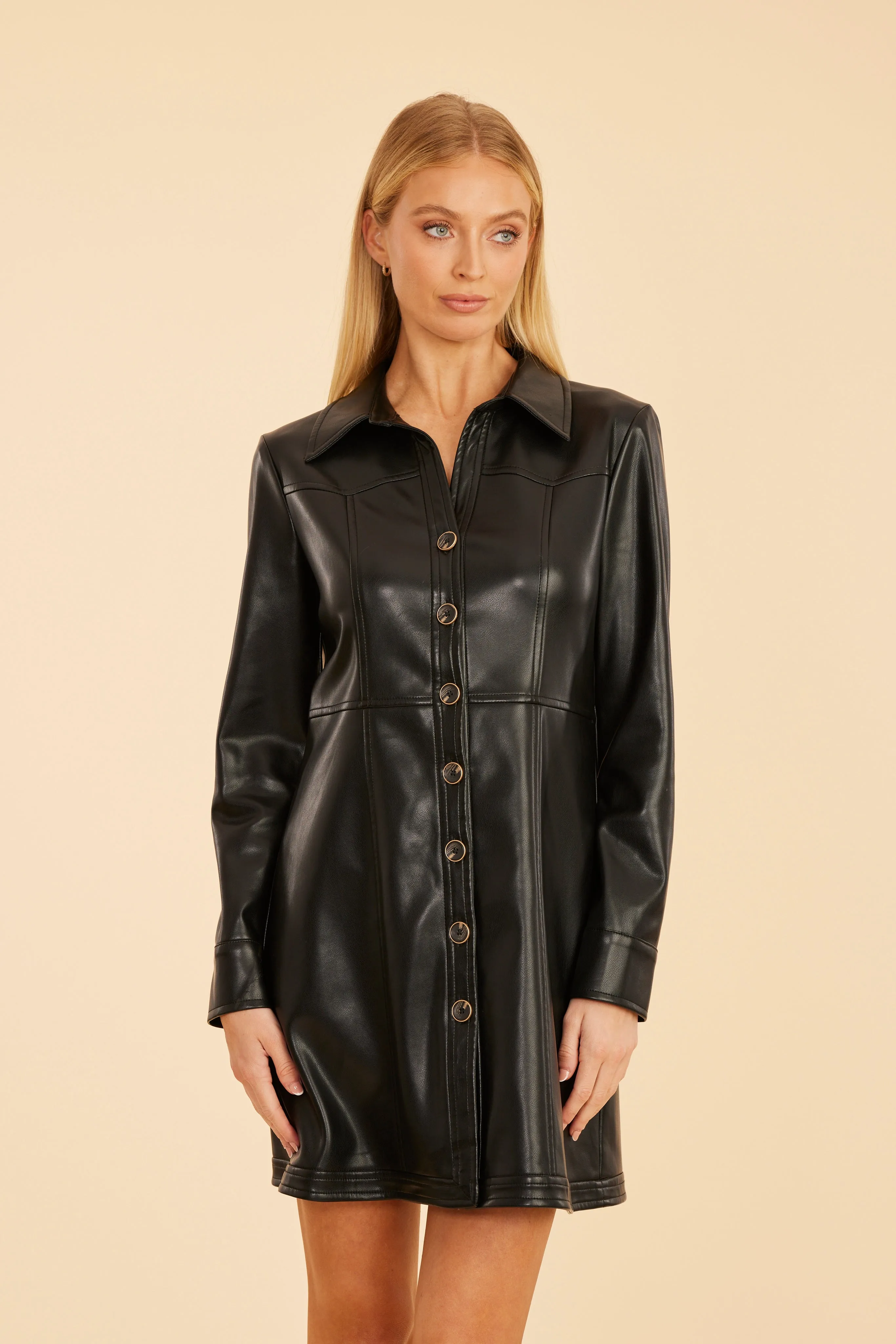 Black Faux Leather Tailored Dress