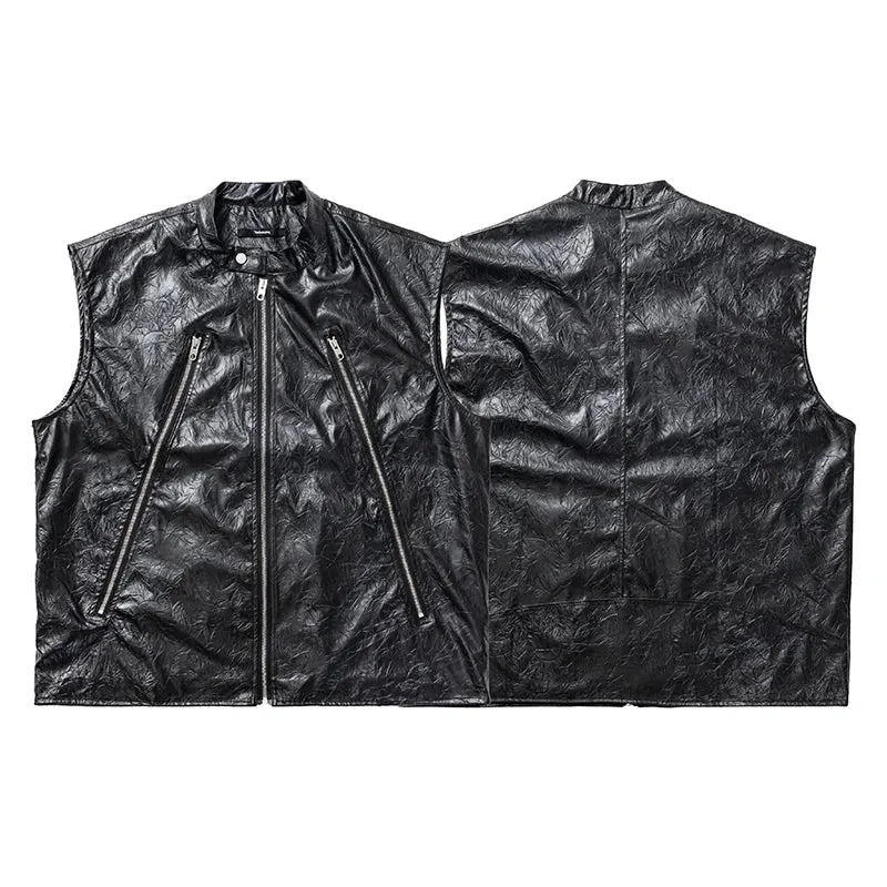 Black Motorcycle Vest For Men - High Quality Leather Jacket - Sleeveless Coat