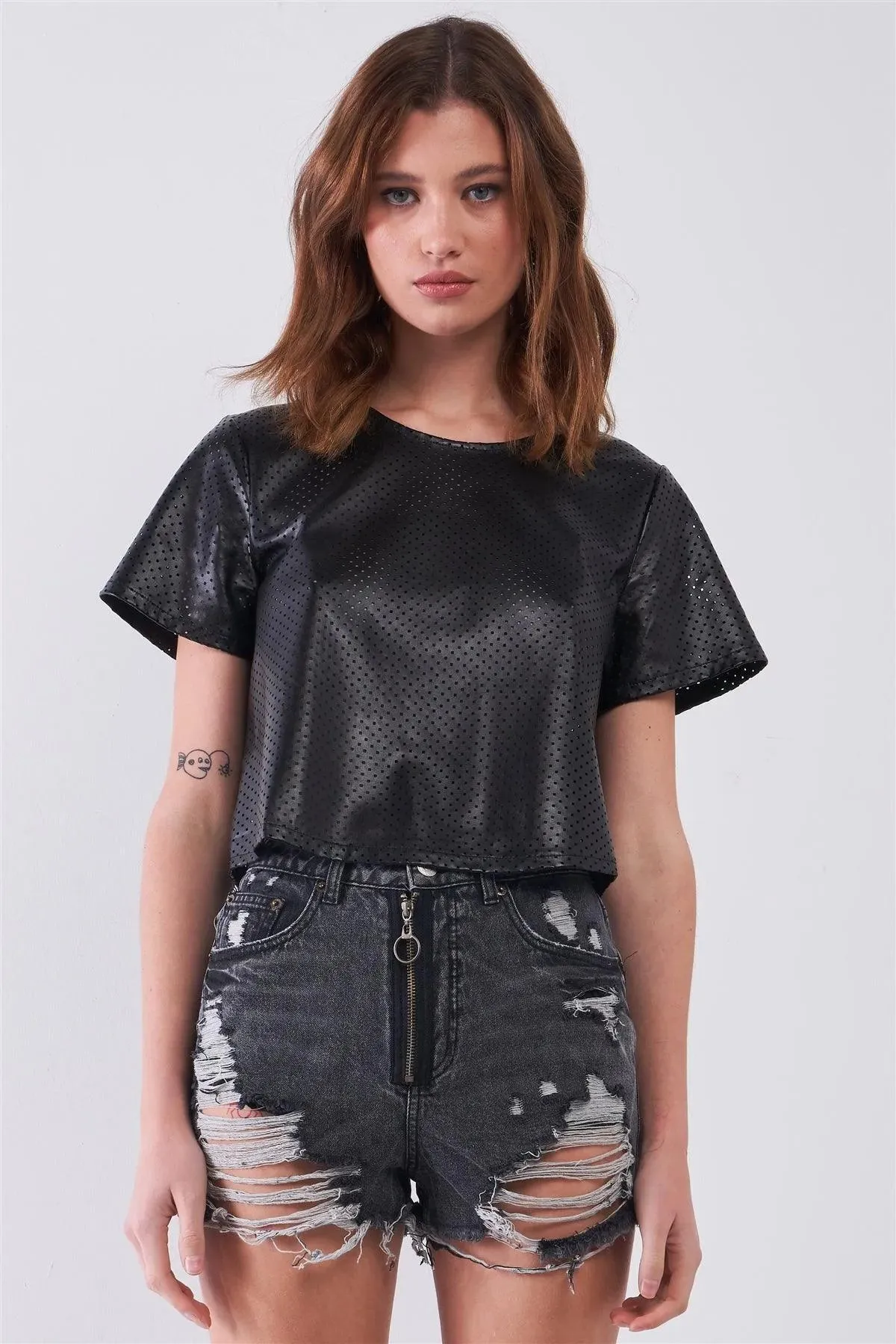 Black Vegan Leather Laser Cut Round Neck Wide Short Sleeve Cropped Top /1-2-2-1