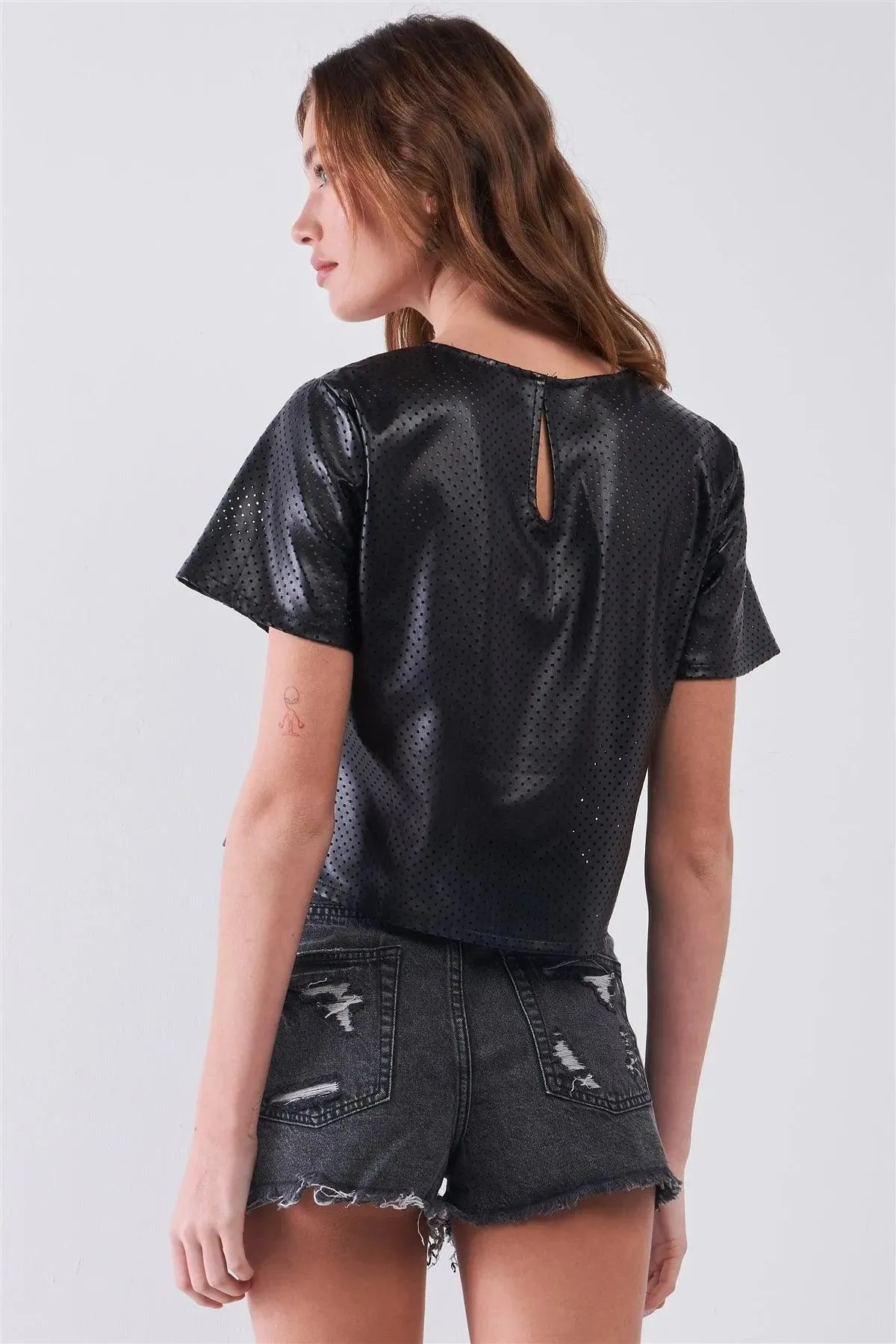 Black Vegan Leather Laser Cut Round Neck Wide Short Sleeve Cropped Top /1-2-2-1