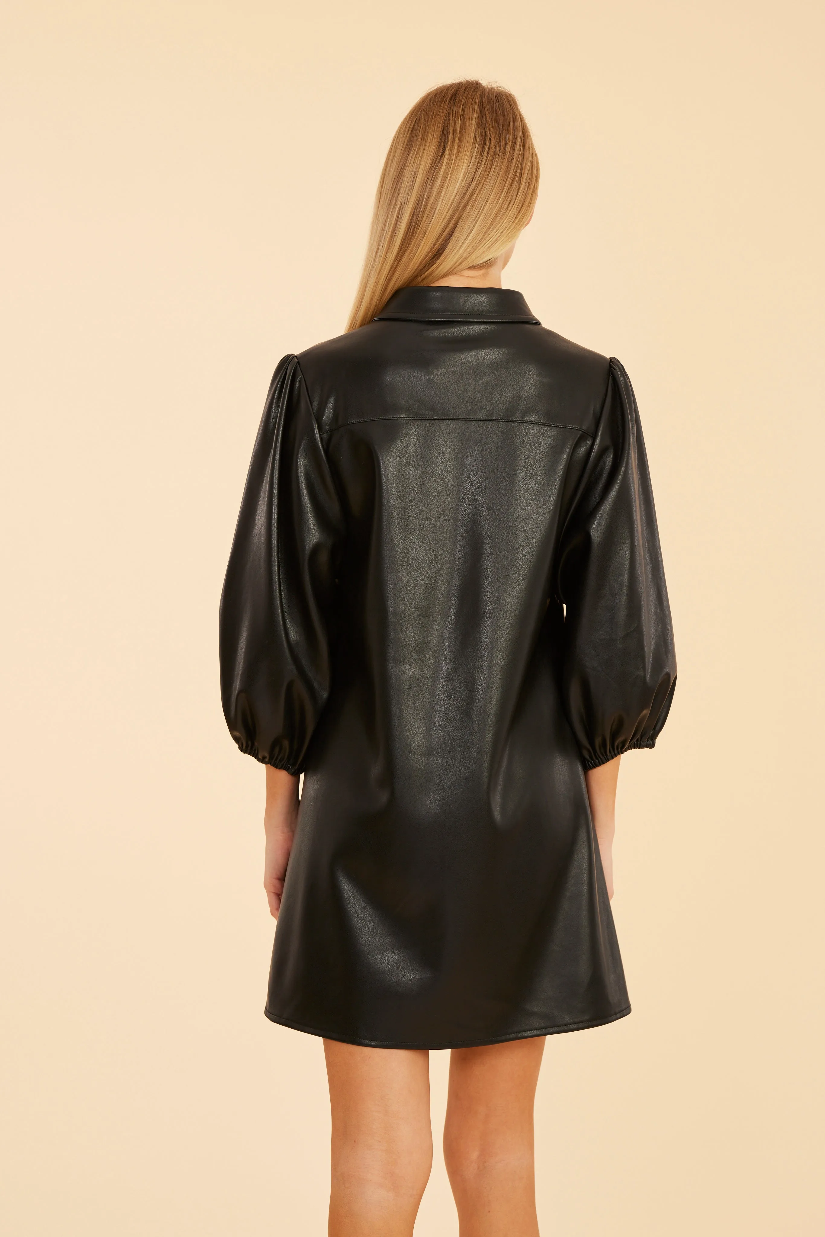 Classic Faux Leather Dress with Puff Sleeves