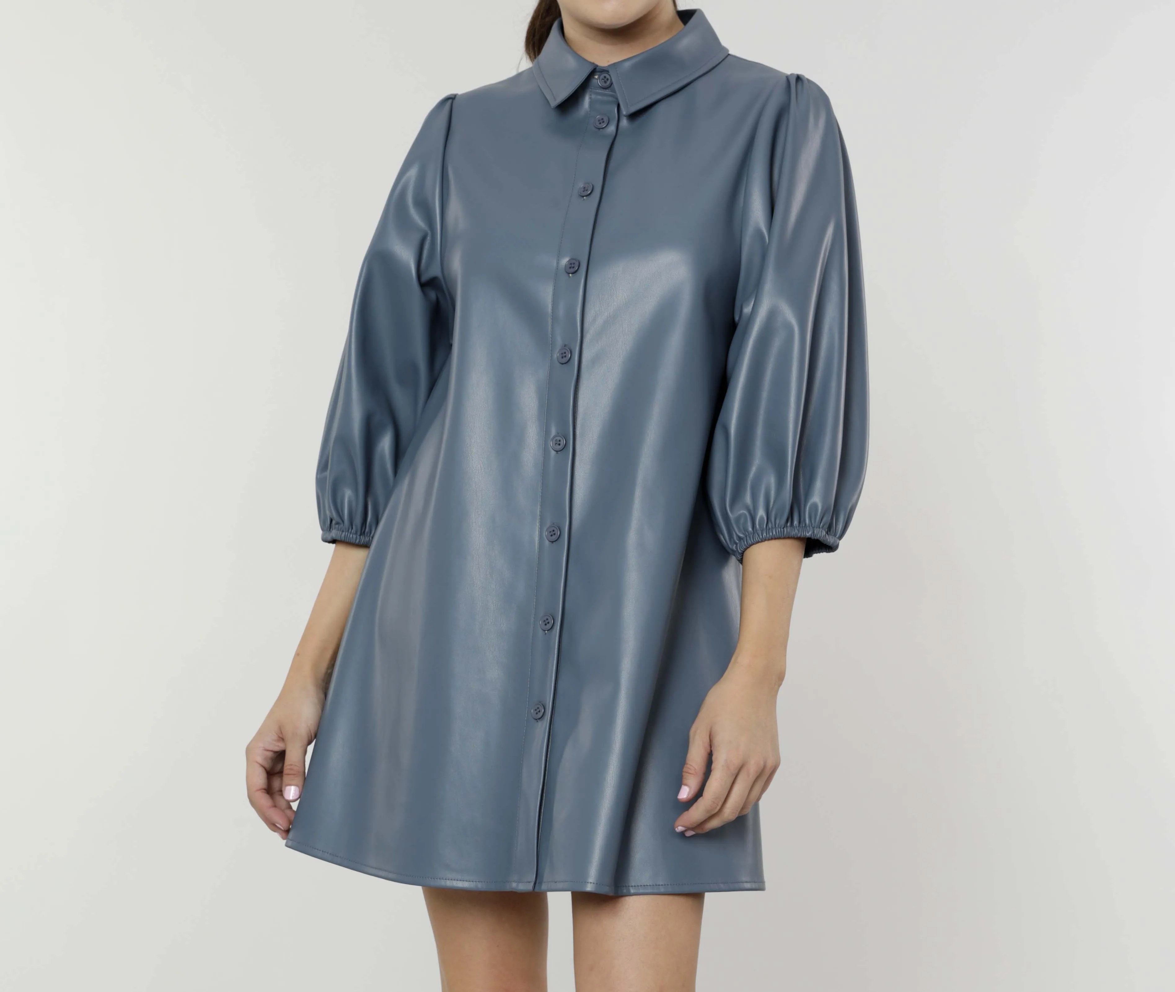 Classic Faux Leather Dress with Puff Sleeves