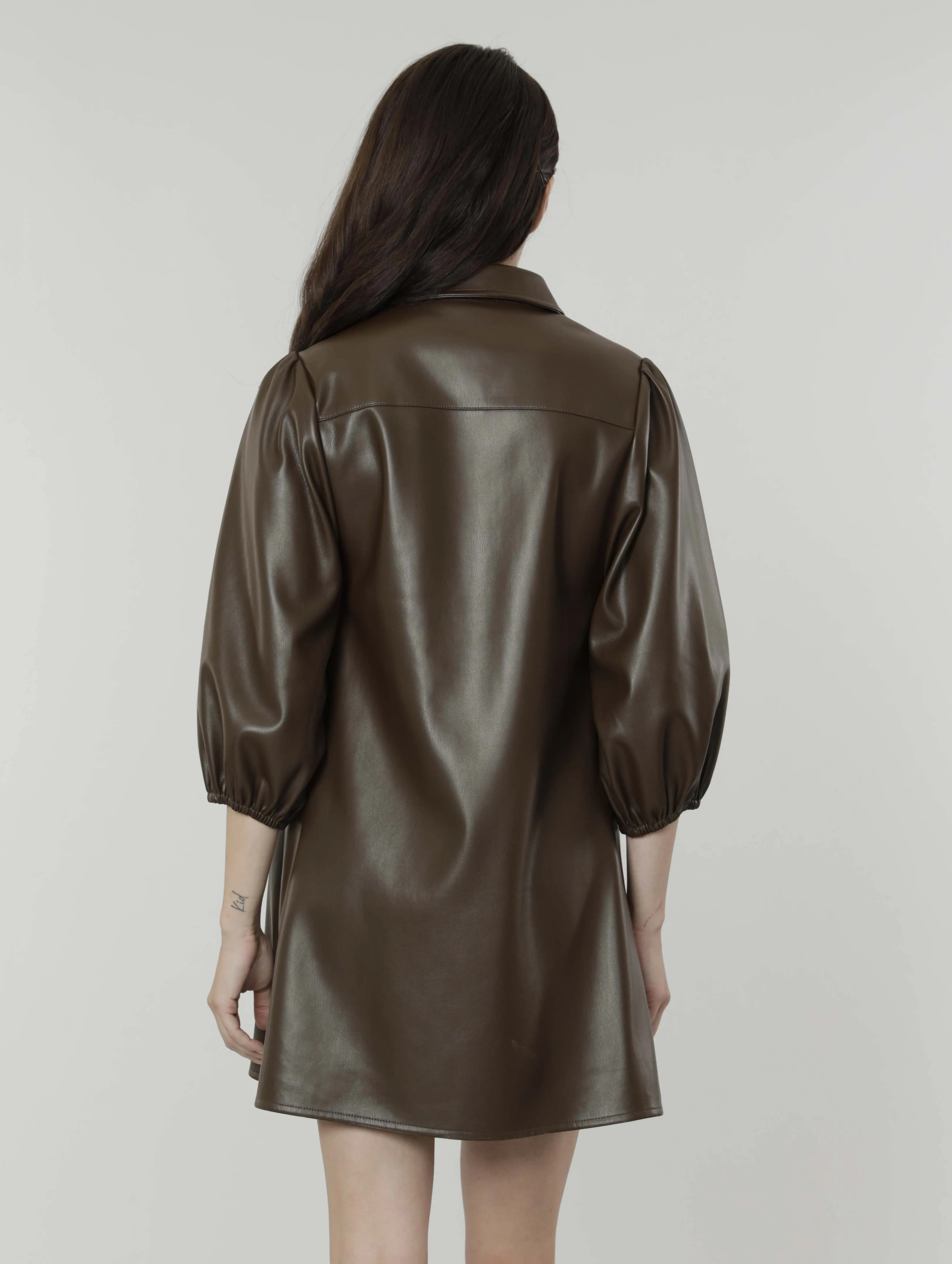 Classic Faux Leather Dress with Puff Sleeves