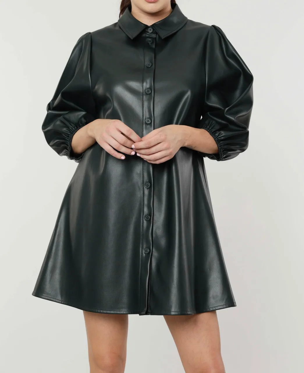 Classic Faux Leather Dress with Puff Sleeves