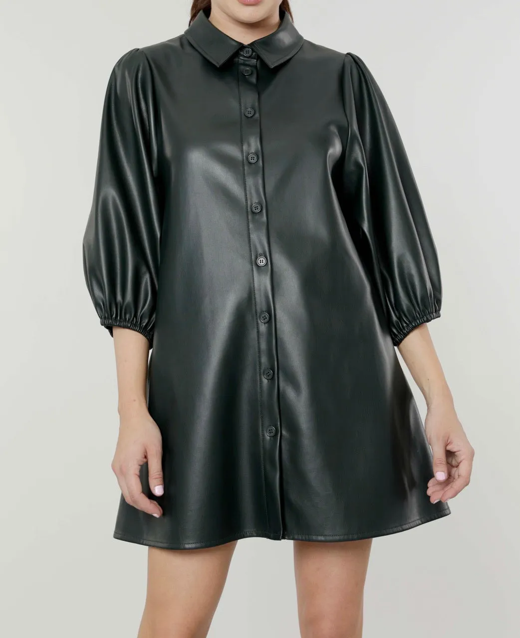 Classic Faux Leather Dress with Puff Sleeves