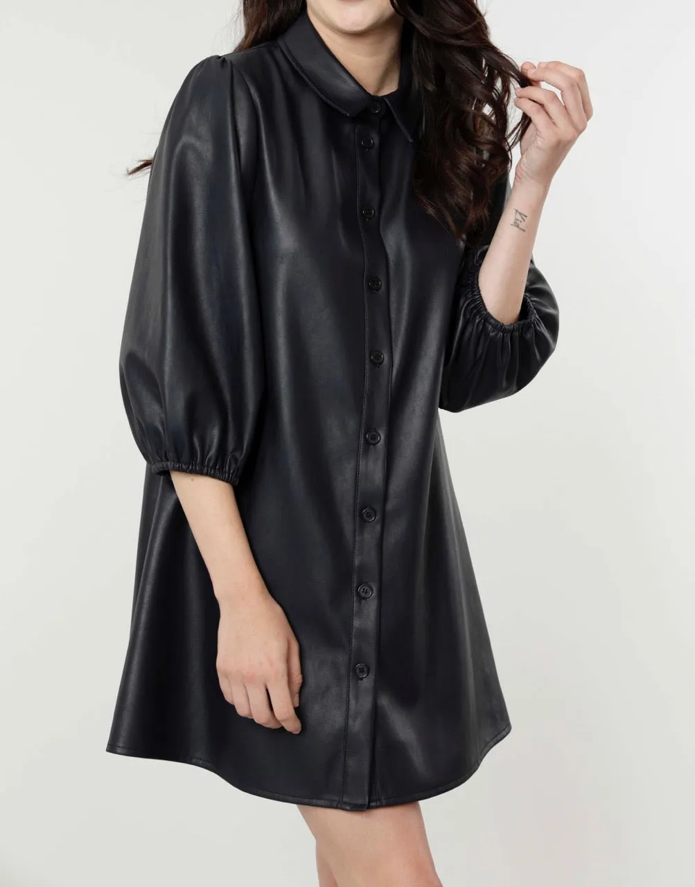 Classic Faux Leather Dress with Puff Sleeves