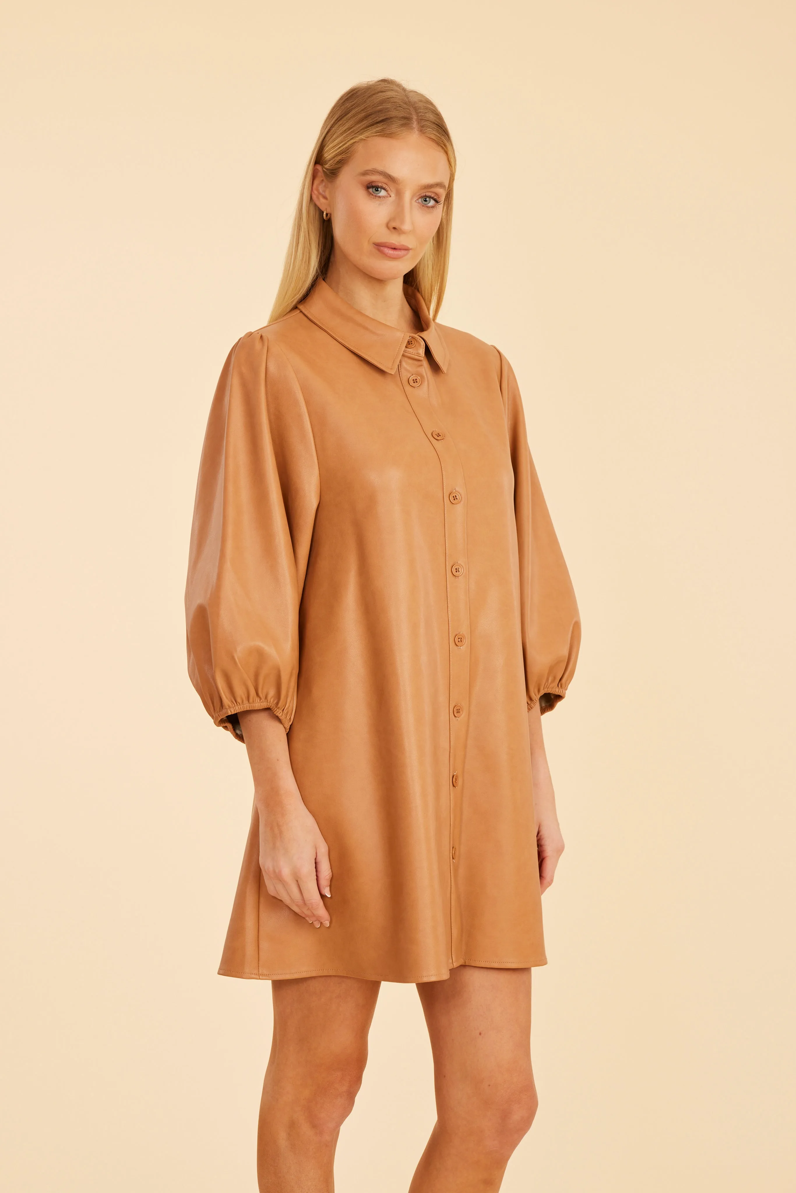 Classic Faux Leather Dress with Puff Sleeves