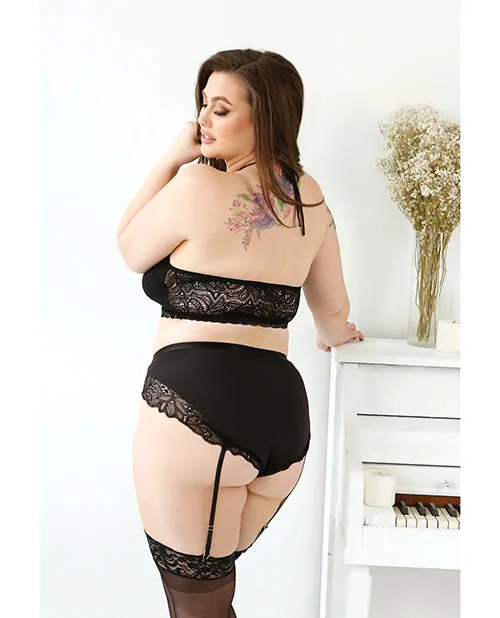 Curve Sadie Lace Overlay Keyhole Halter Top & Gartered Panty - Black