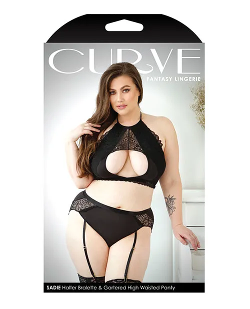 Curve Sadie Lace Overlay Keyhole Halter Top & Gartered Panty - Black