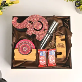 Eco-Friendly New Year Gift Hamper | Wooden Elephant Pen & Mobile Holder, Test Tube Planter, Coasters, Keychain & Chocolates | Perfect Corporate Gift