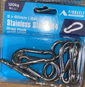 Fastenings - Snap Hook 6 x 60mm SS - 8 Pack