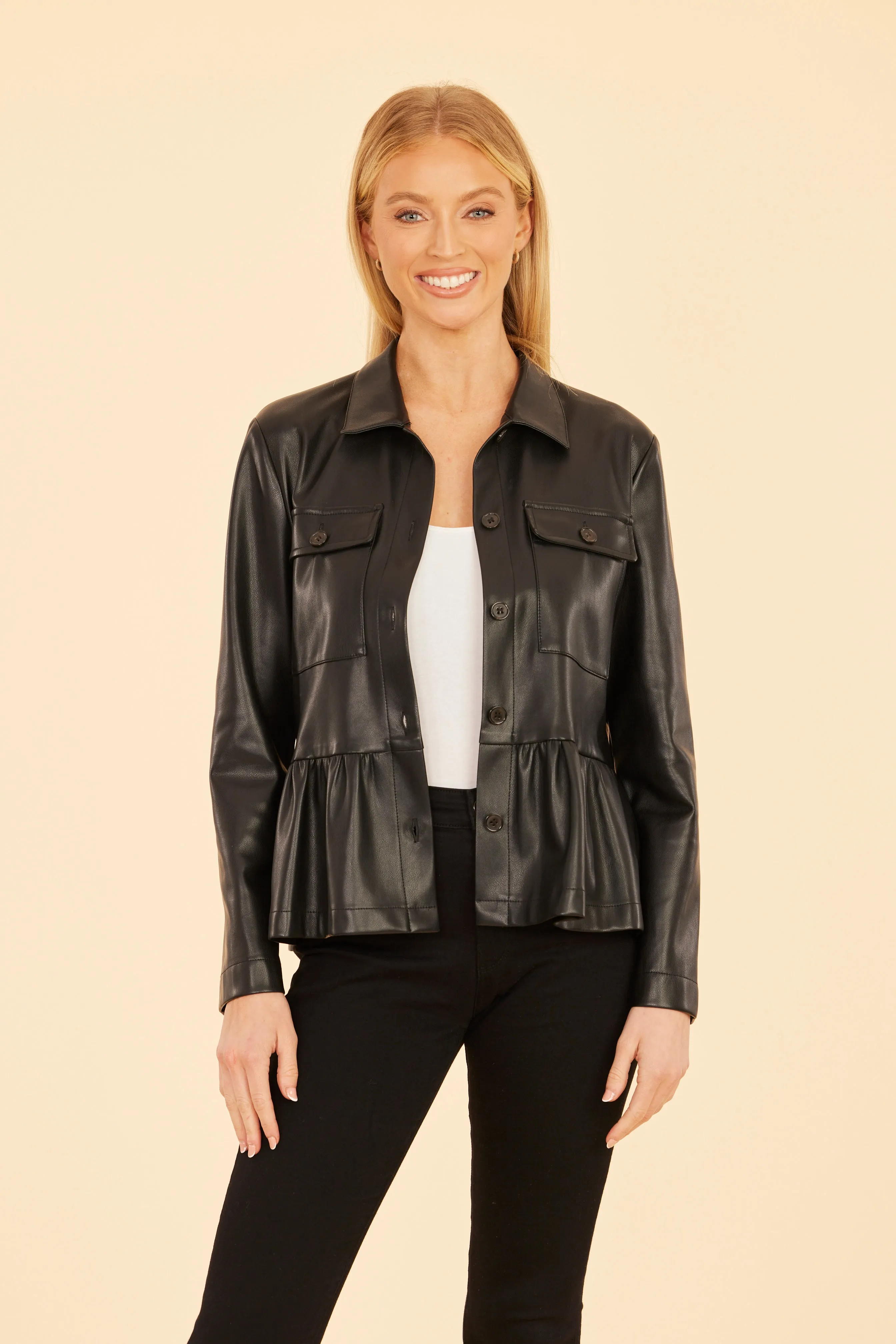 Faux Leather Peplum Shirt Jacket