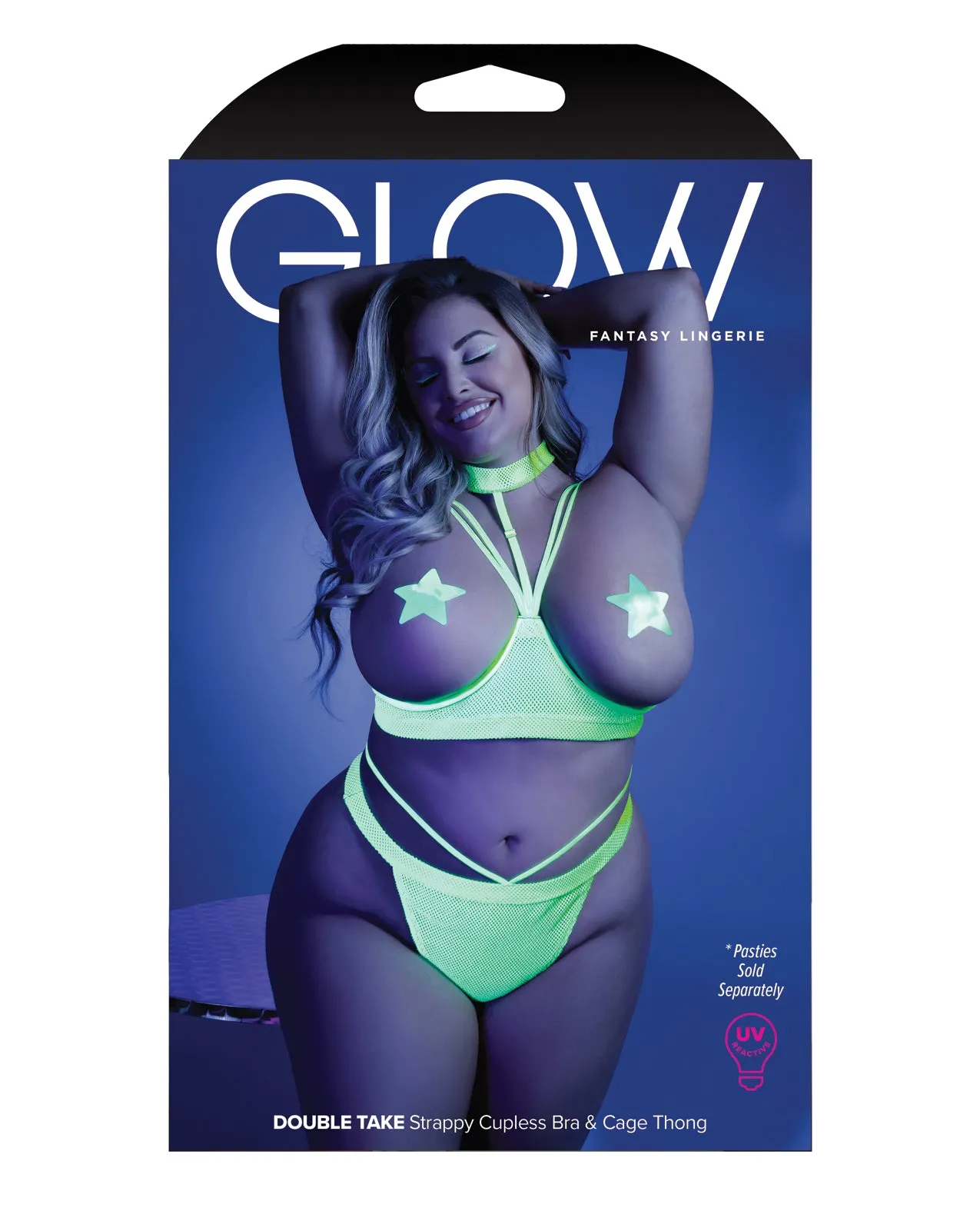 Glow Black Light Harness Open Shelf Bra & Cage Thong (Pasties not Included) Neon Lemon QN