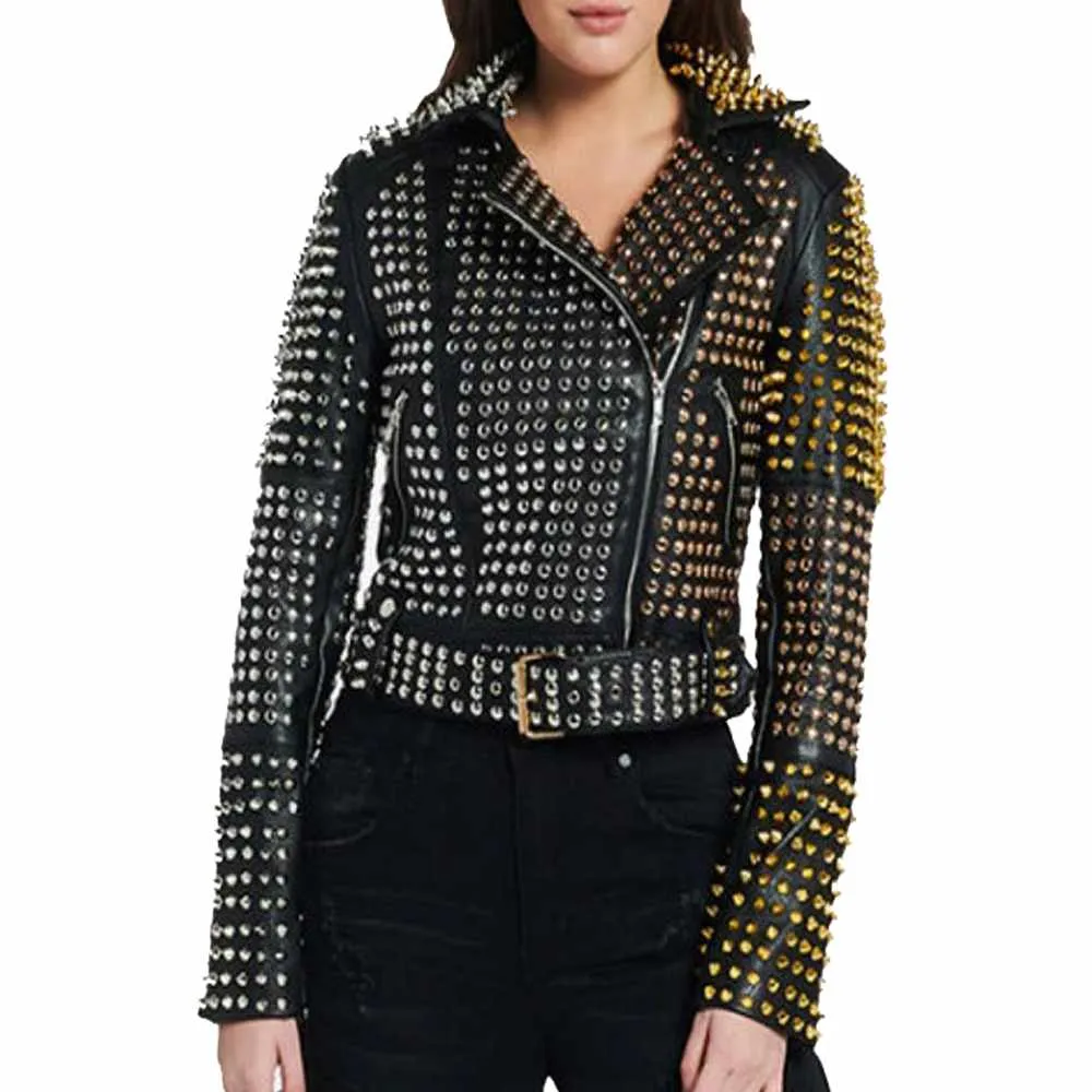 Golden Silver Studded Leather Jacket