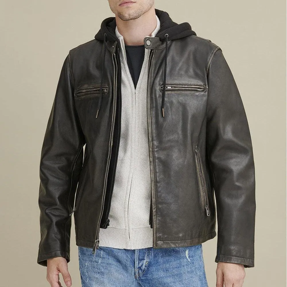 Hooded Biker Leather Jacket For Men