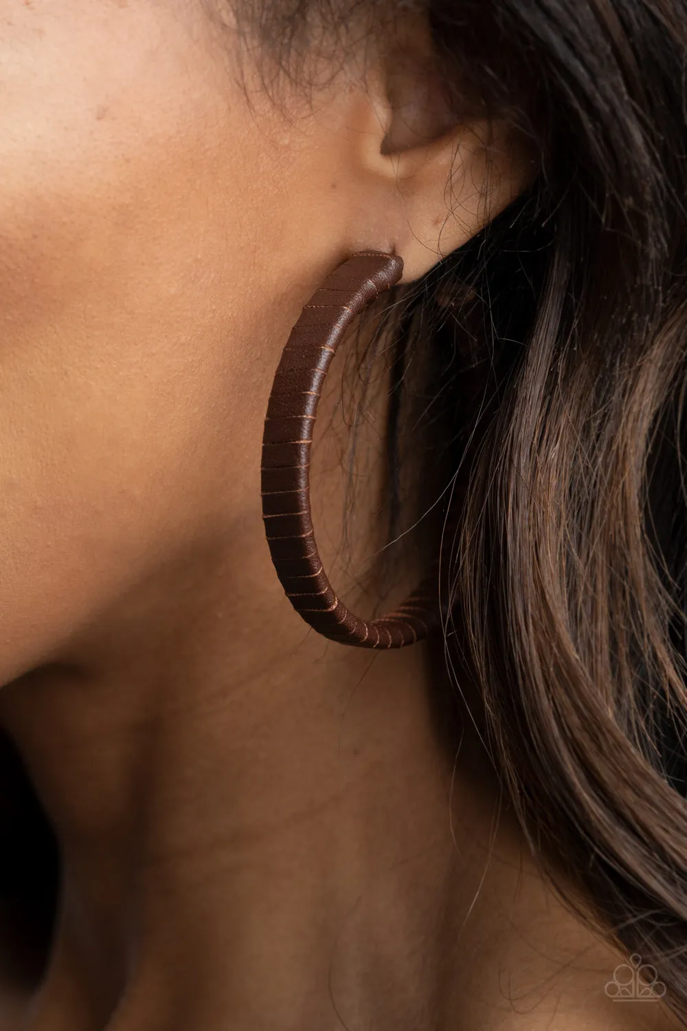 Leather-Clad Legend - Brown Hoop Earrings