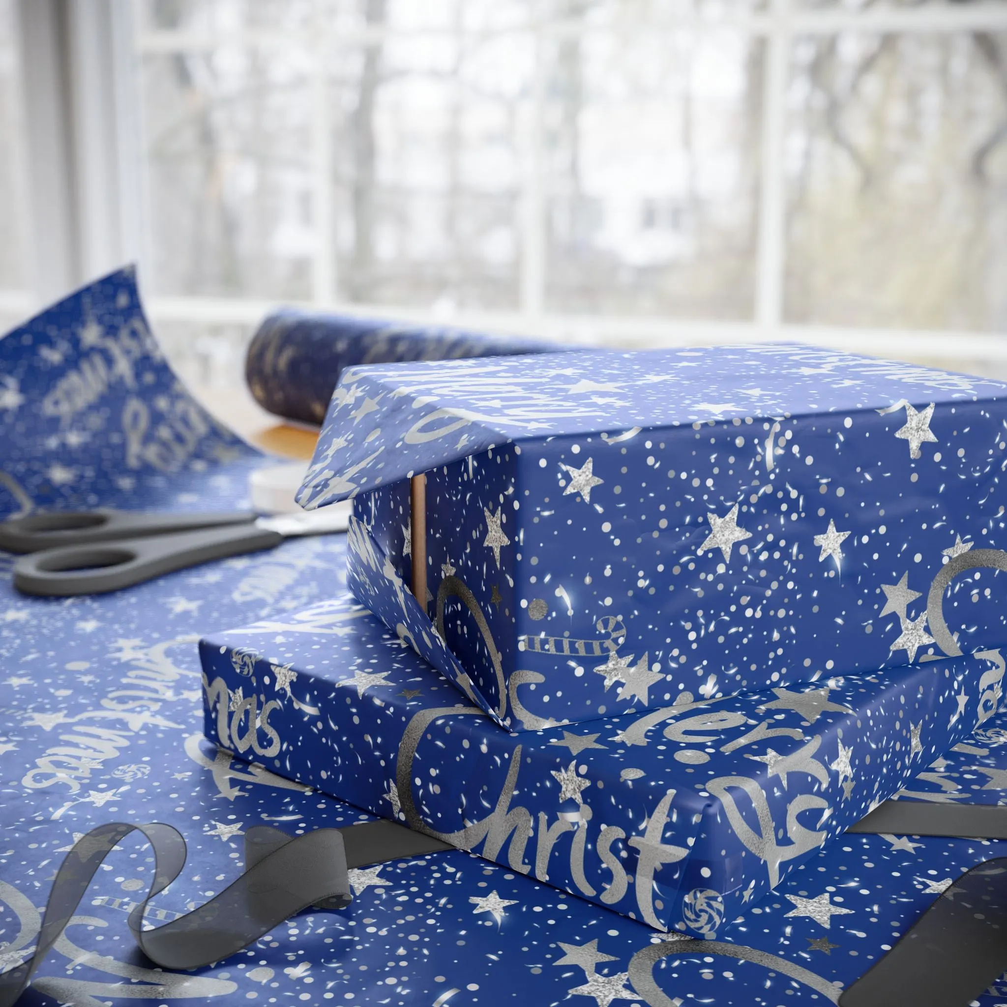 Luxurious Blue & Silver Christmas Wrapping Paper : Elegant Starry Night Design, Premium Eco-Friendly Holiday Gift Wrap