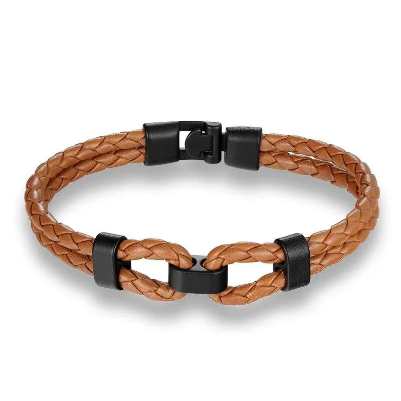 Matte Black Double Shackle Braided Leather Bracelet