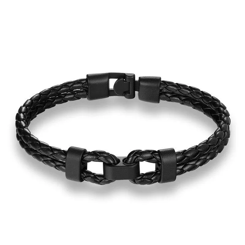 Matte Black Double Shackle Braided Leather Bracelet