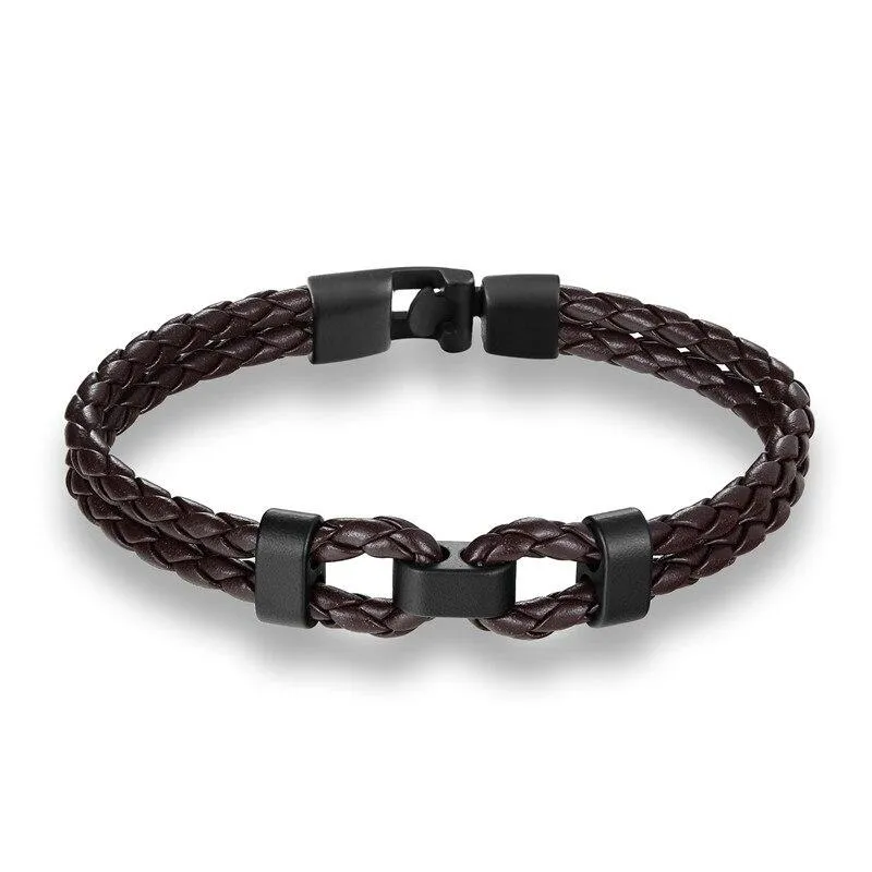 Matte Black Double Shackle Braided Leather Bracelet