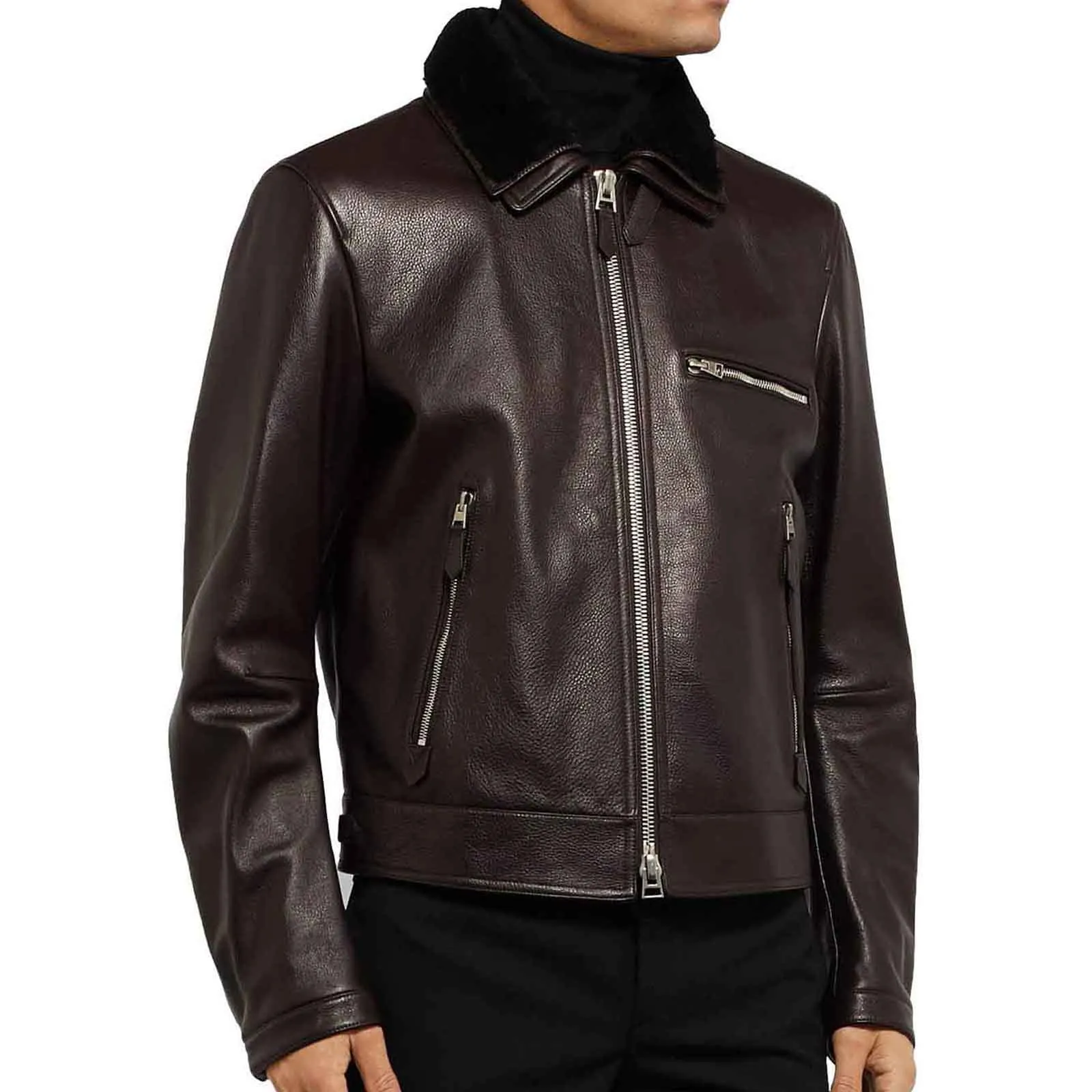 Mens Luxurious Leather Jacket with Shearling Collar