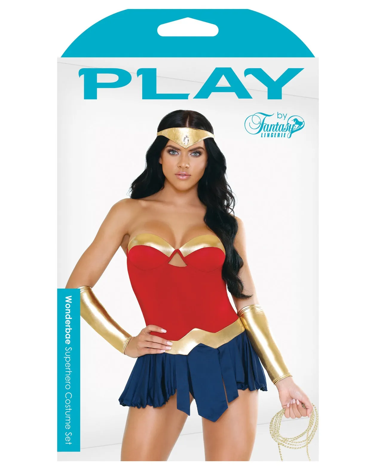 Play Wonderbabe Headpiece, Molded Cup Dress, Panty, Wristcuffs & Rope Red/Gold/Blue M/L