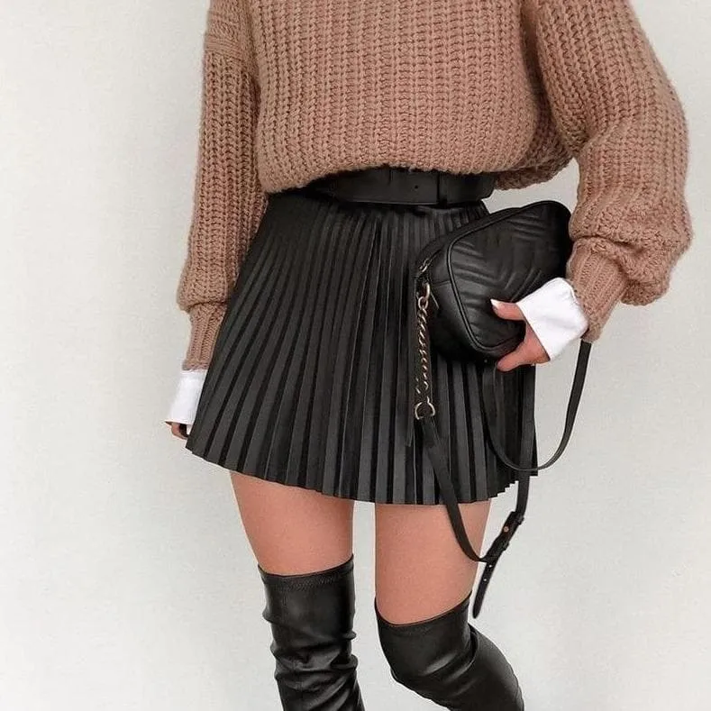 Pleated Faux Leather Skirt