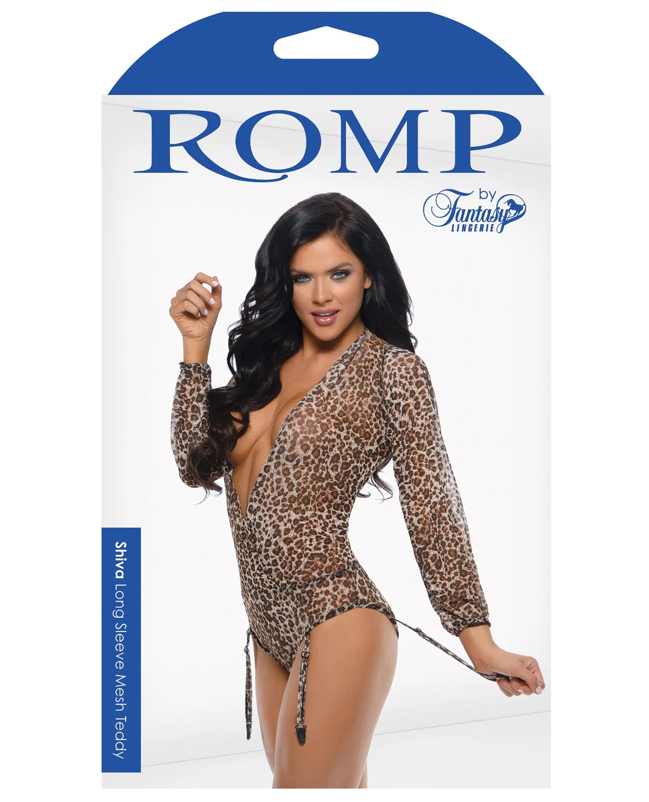 Romp Shiva Long Sleeved Animal Print Teddy w/Detachable Garters & Snap Closure Leopard S/M