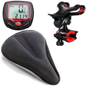 Strauss Cycle Mobile Phone Holder with Mount Bracket, (Black), Gel Seat Cover (Black) and Bicycle Speedometer, (Black/Red)