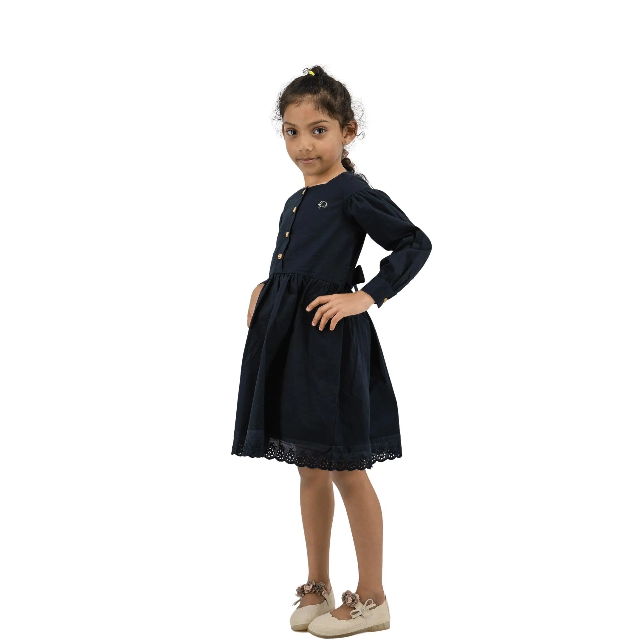 Timeless Style, Kind to the Planet: Black Cotton Dress with Puff Sleeves for Girls