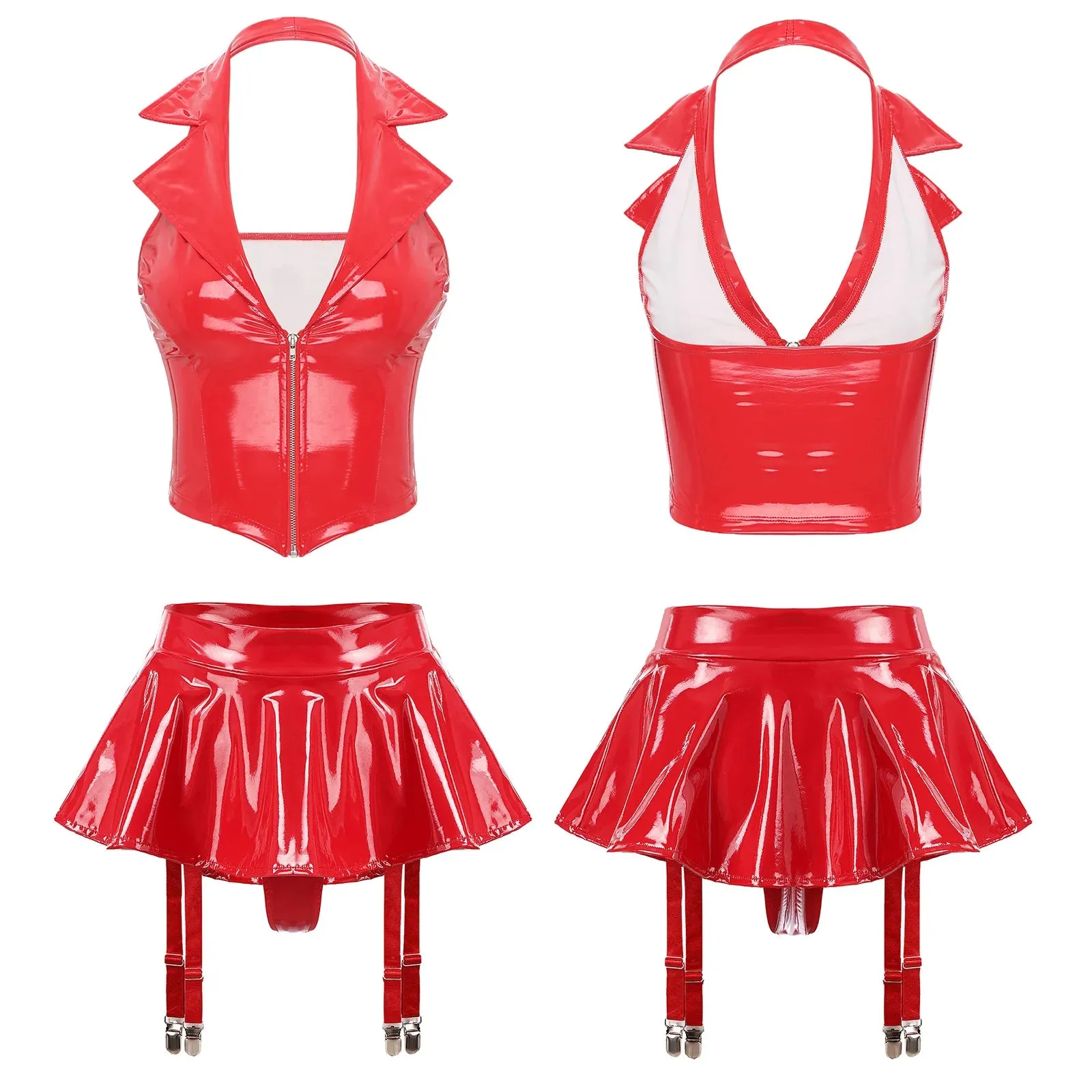 Trend4us Glossy Faux Leather Halter Skirt Set