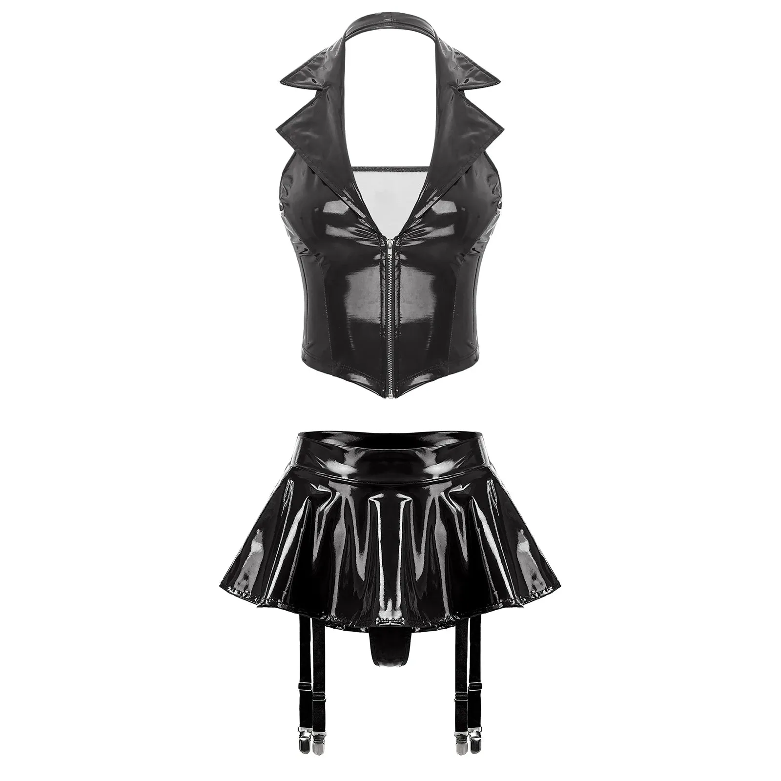 Trend4us Glossy Faux Leather Halter Skirt Set