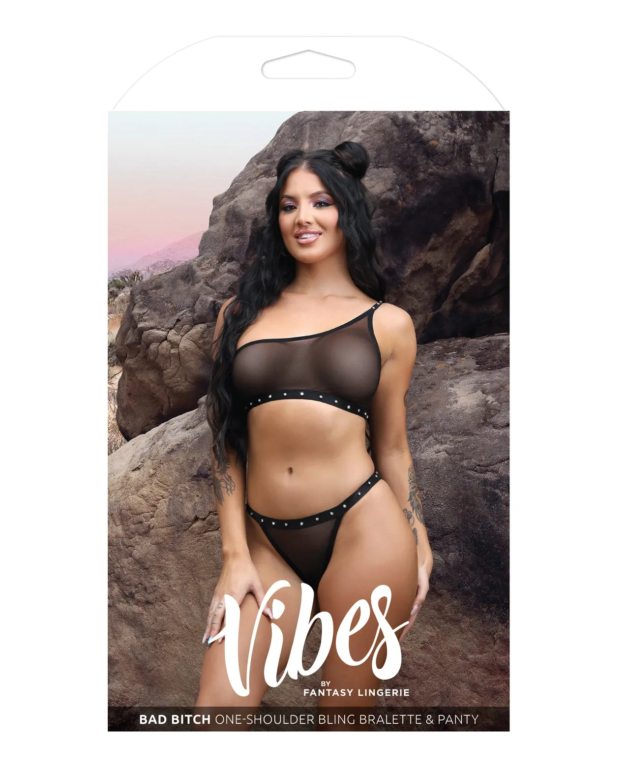 Vibes Bad Bitch One Shoulder Bling Bralette & Panty Black L/XL