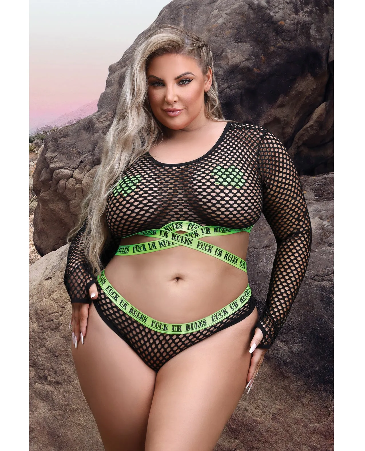 Vibes Fuck Ur Rules Long Sleeve Crop Top, Panty & Pasties Black/Green QN