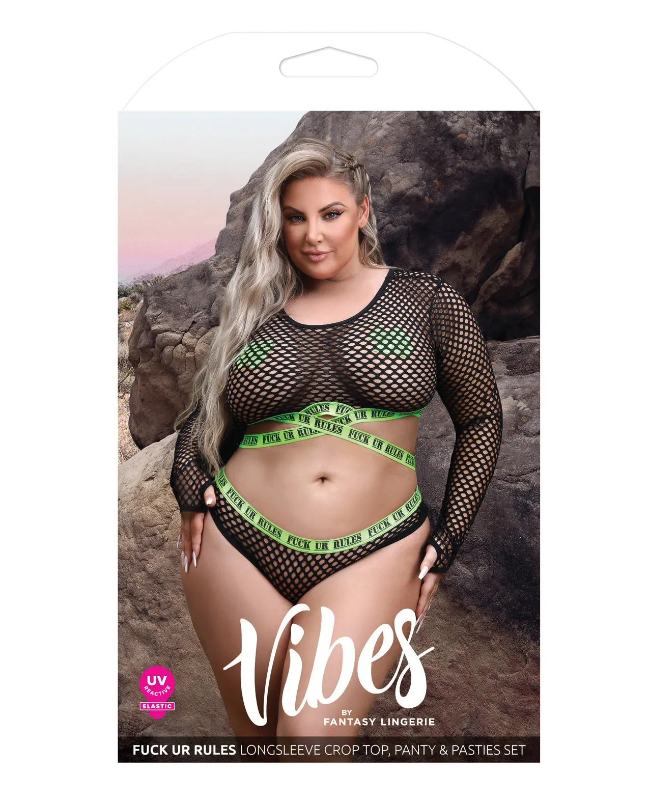 Vibes Fuck Ur Rules Long Sleeve Crop Top, Panty & Pasties Black/Green QN