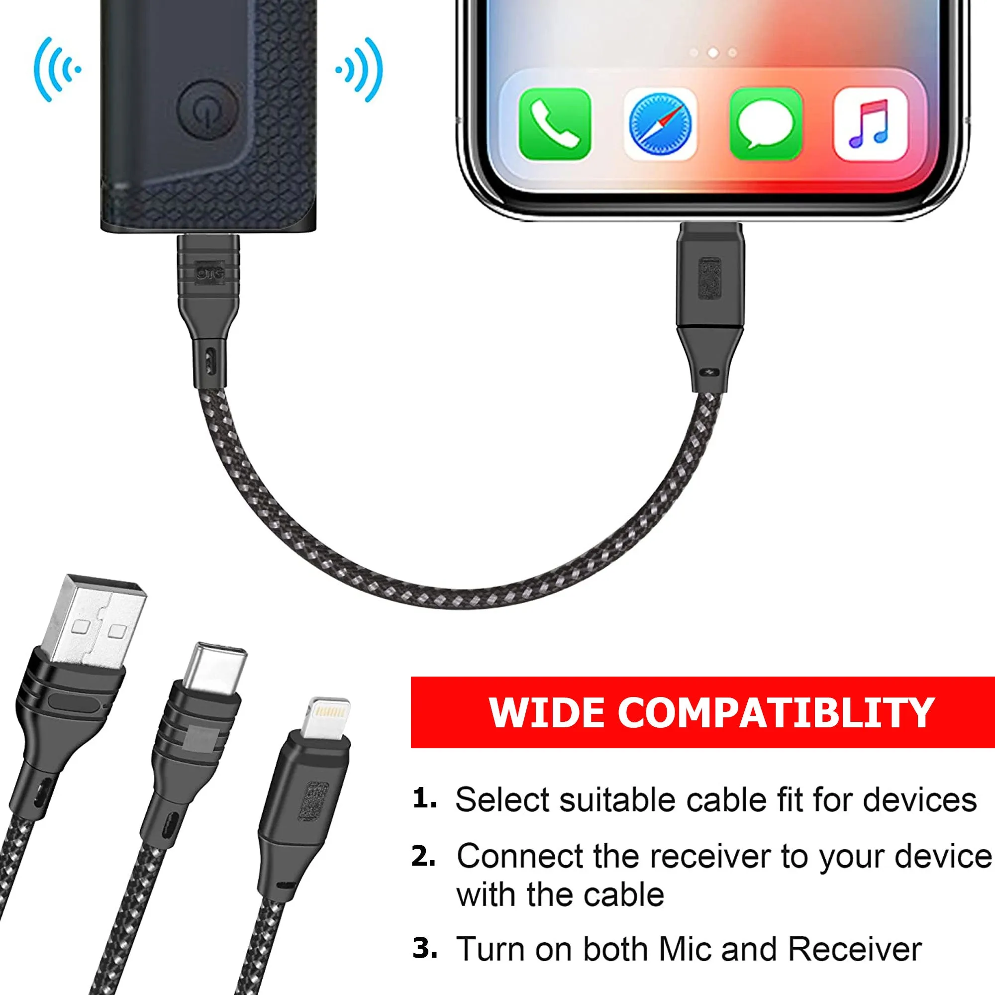 Vidpro Dual Wireless Lavelier Microphone Set 60 ft Range 2.4GHz Crystal Clear Audio 3.5mm Plug TTRS Lightening and USB-C Adapter for Cameras, iPhone Samsung Smartphones