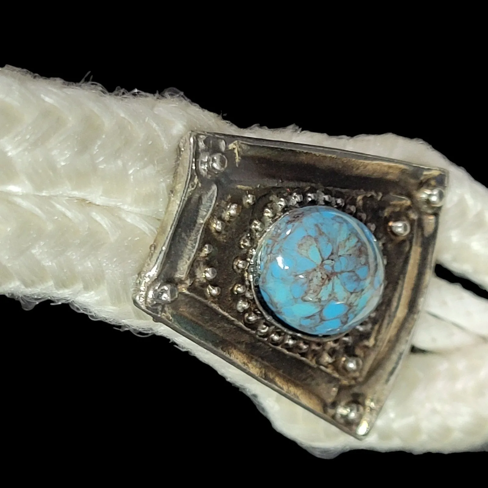 Vintage Rope Belt White Conchos Turquoise Stone Etched Accent Chunky Braided Nylon Small