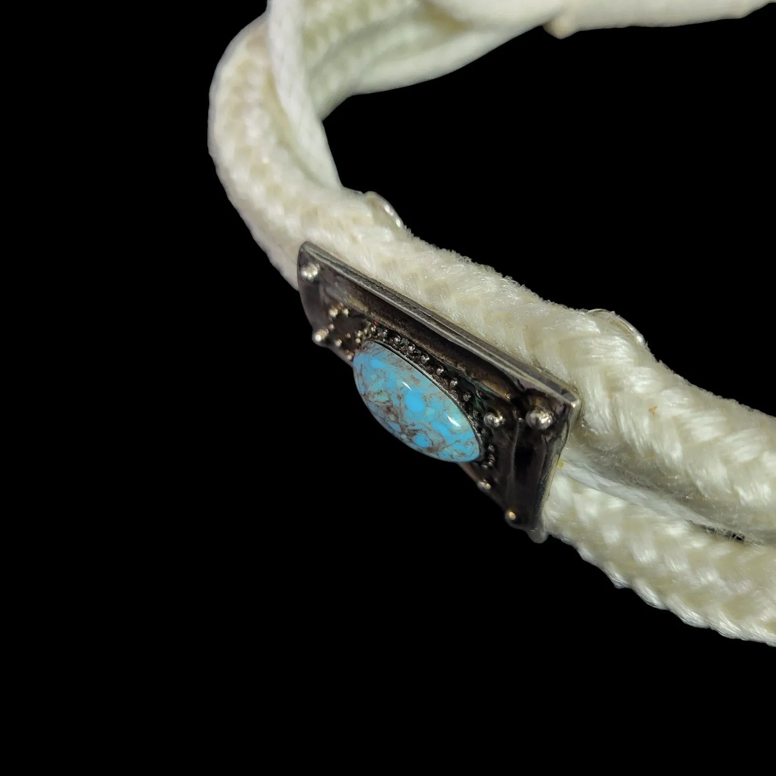 Vintage Rope Belt White Conchos Turquoise Stone Etched Accent Chunky Braided Nylon Small