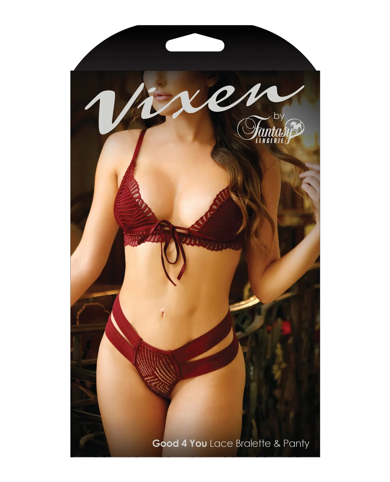 Vixen Good 4 You Lace Triangle Bralette & Panty Burgundy L/XL