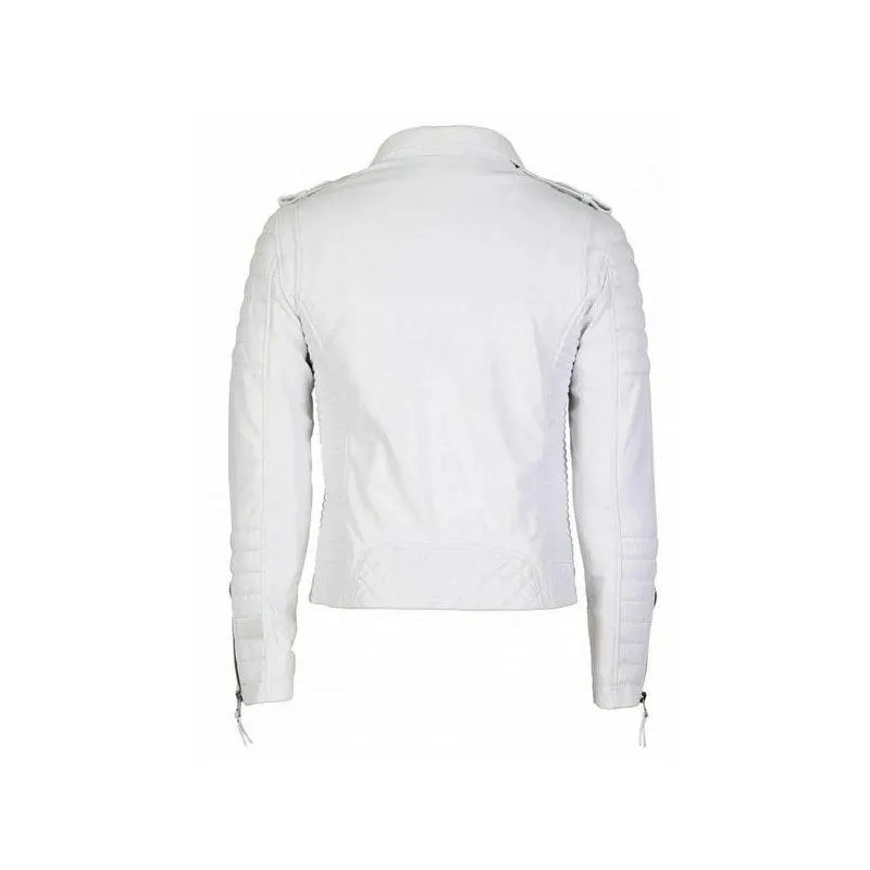 White Biker Leather Jacket Men's Double Breast Style